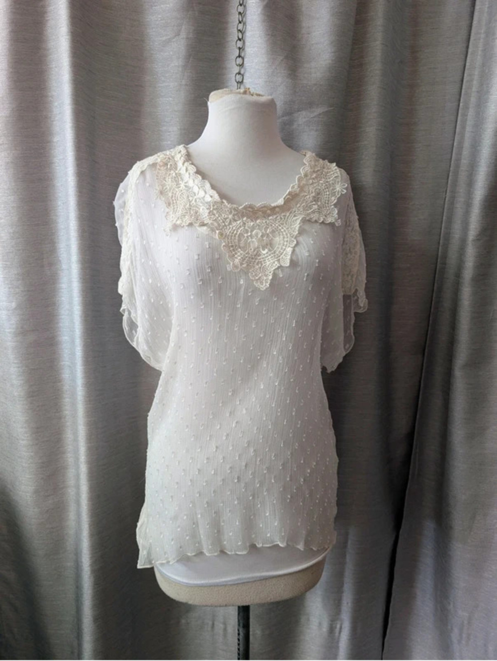 Sheer Cream Lace Chiffon Summer Top 12 L